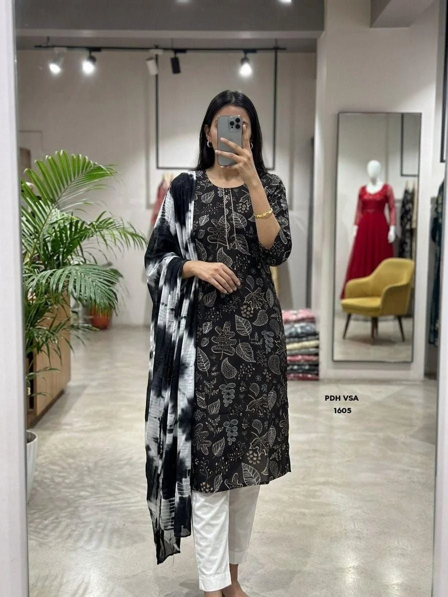 Leaf Printed Black & White Straight Salwar set